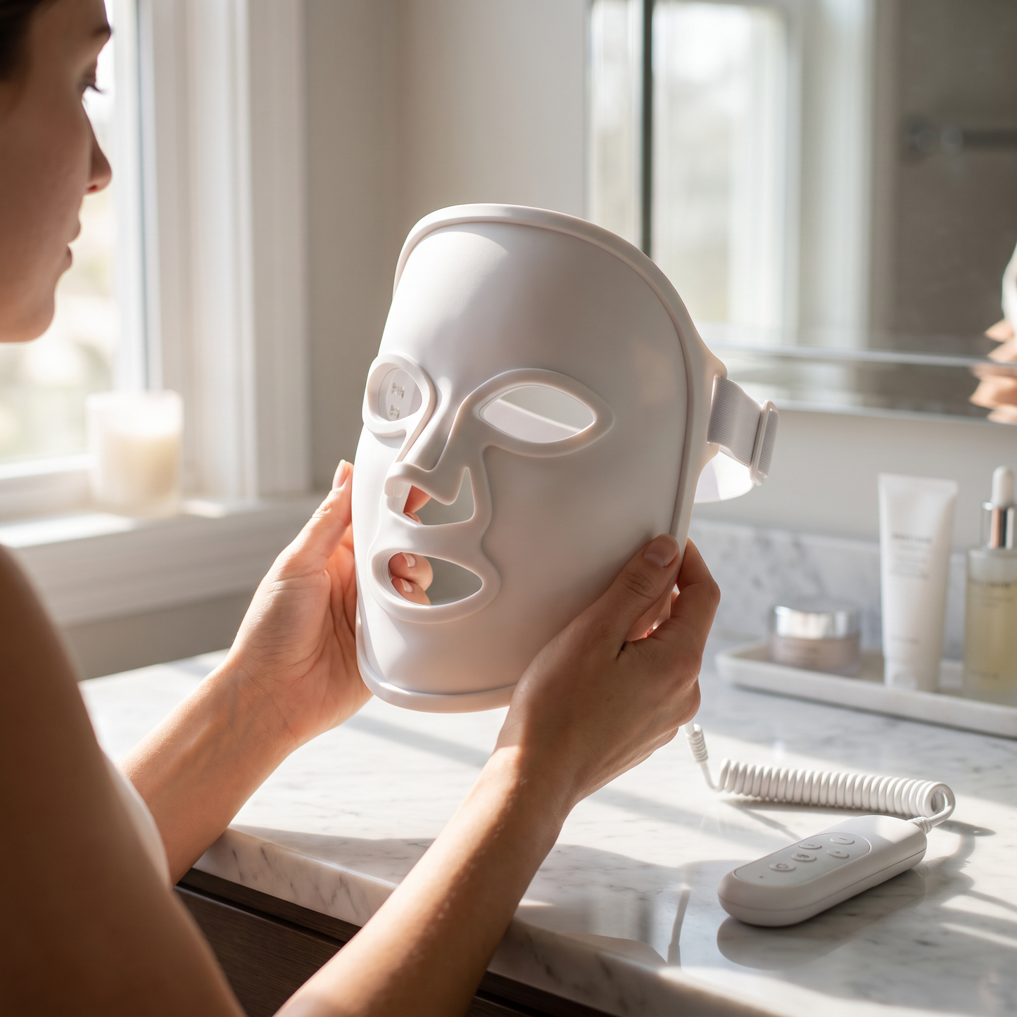 Holding the Lumia mask before a session
