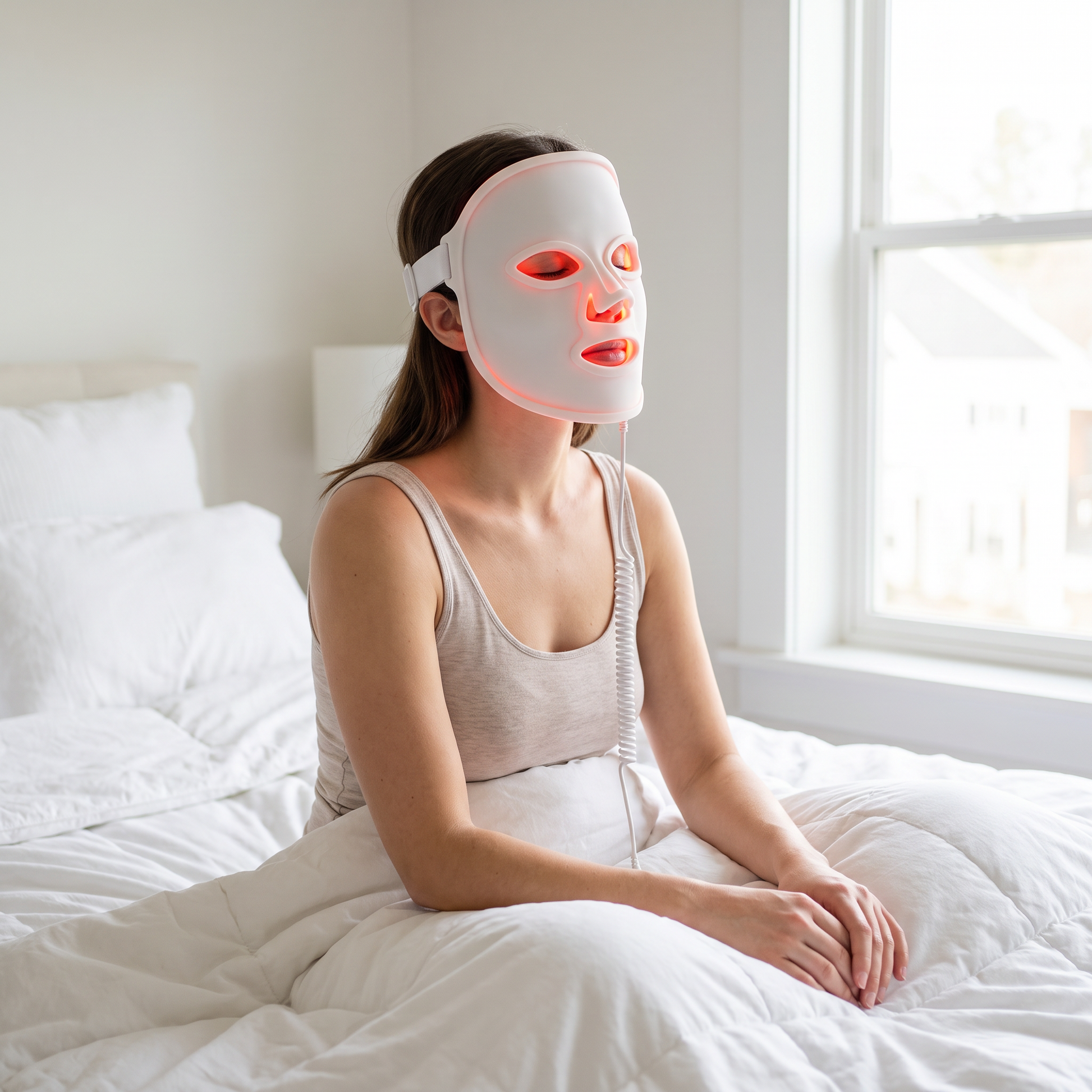 Woman wearing the Lumia mask on a bed