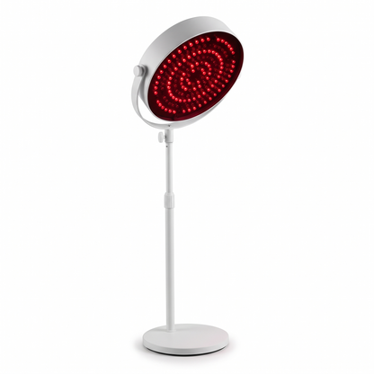PrimaBeam Beacon red light therapy lamp on an adjustable floor stand, white background