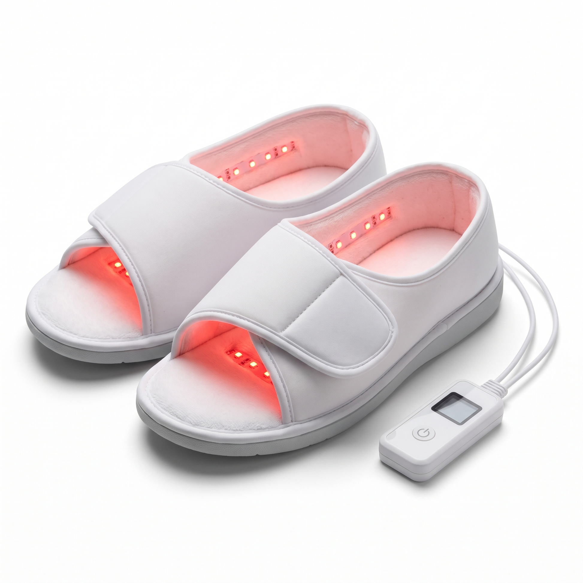 PrimaBeam Stride red light therapy slippers on a white background
