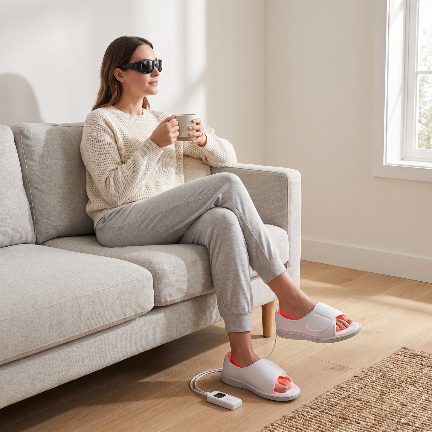 Woman relaxing on a sofa wearing PrimaBeam Stride red light therapy slippers