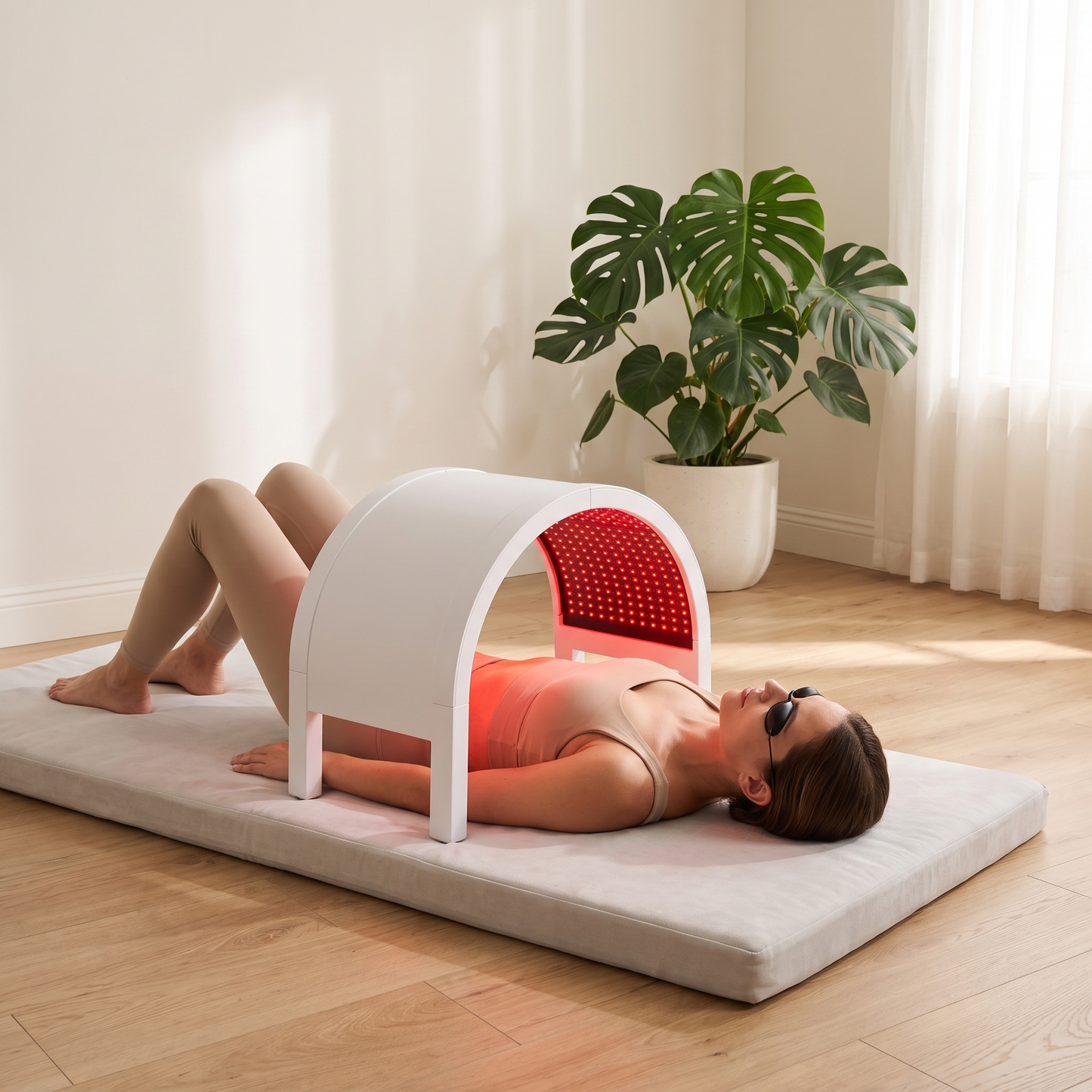 Woman lying on a mat under the PrimaBeam Halo Arc red light therapy dome