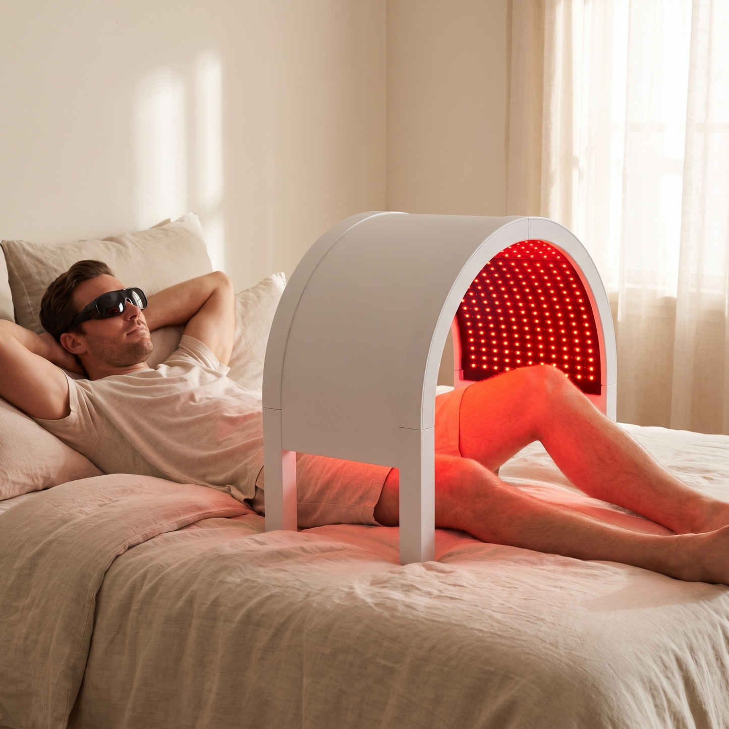 Man on a bed with the PrimaBeam Halo Arc red light therapy dome over his legs