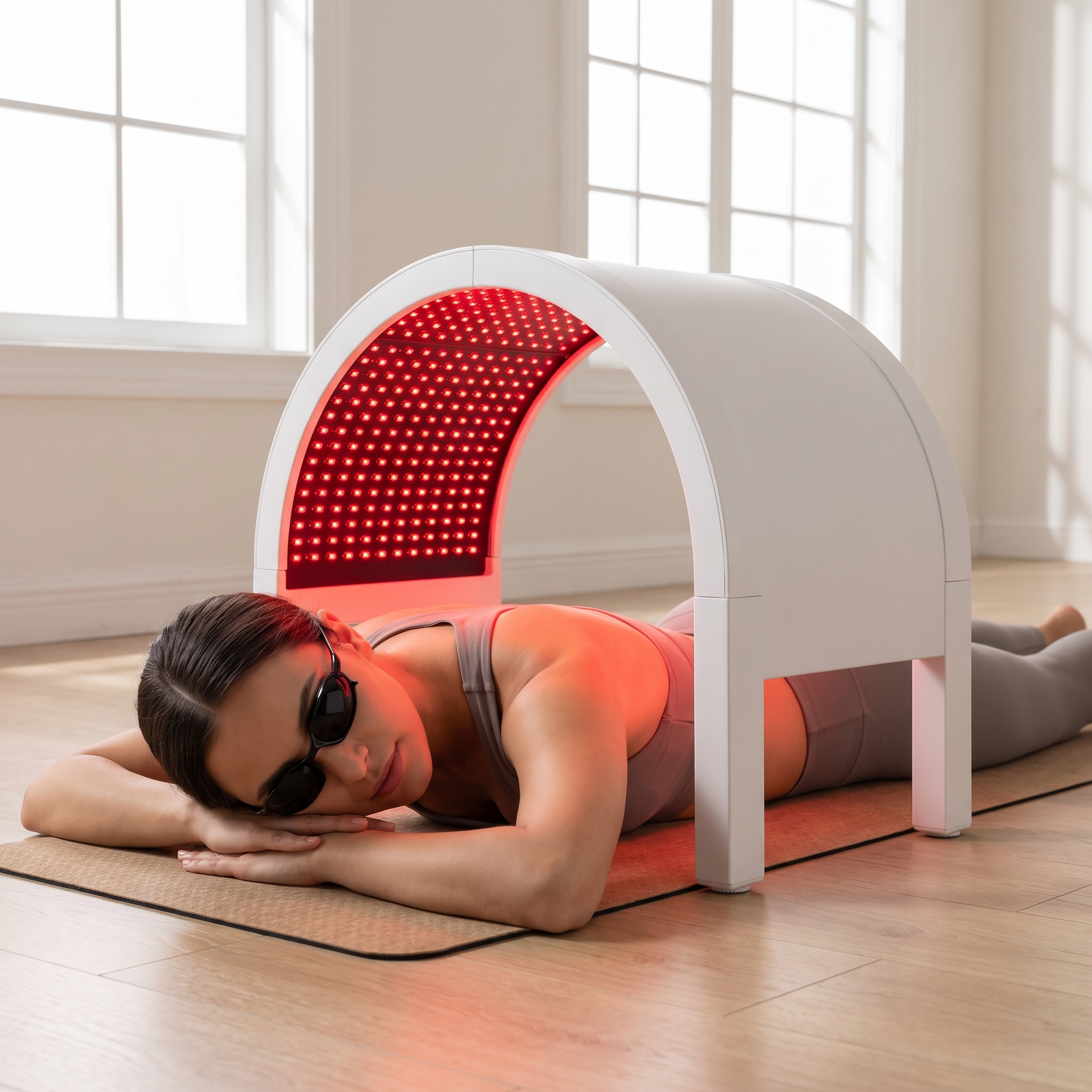Woman lying face down under the PrimaBeam Halo Arc red light therapy dome