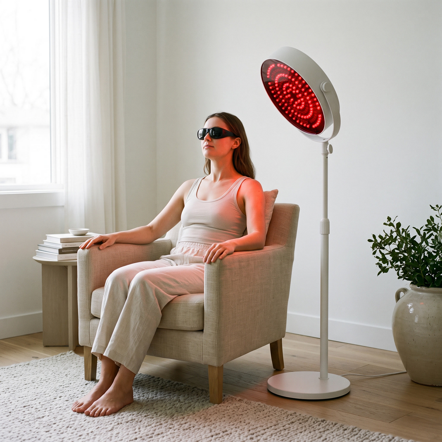 Woman seated in an armchair beside the PrimaBeam Beacon red light therapy lamp