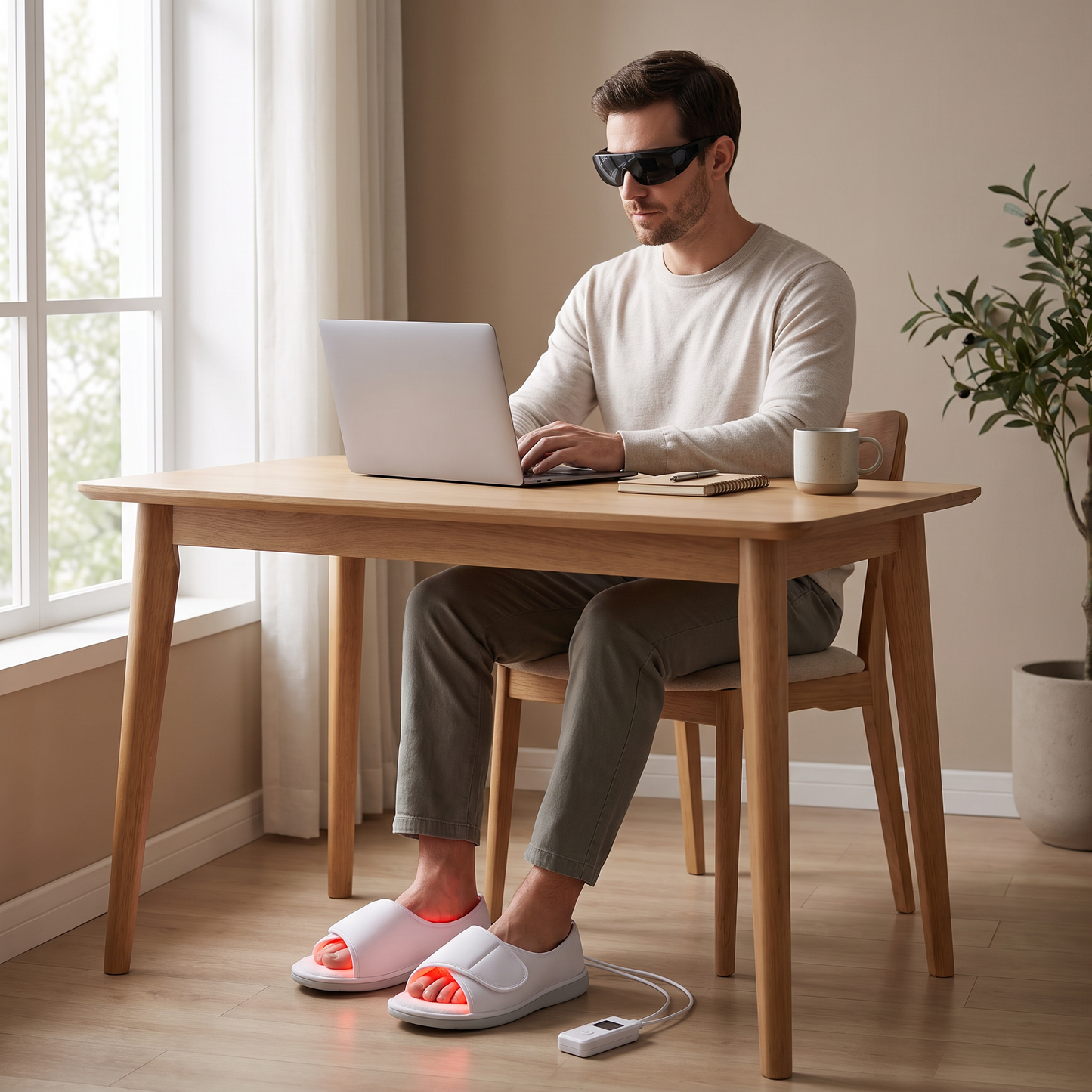 Man working at a desk wearing PrimaBeam Stride red light therapy slippers