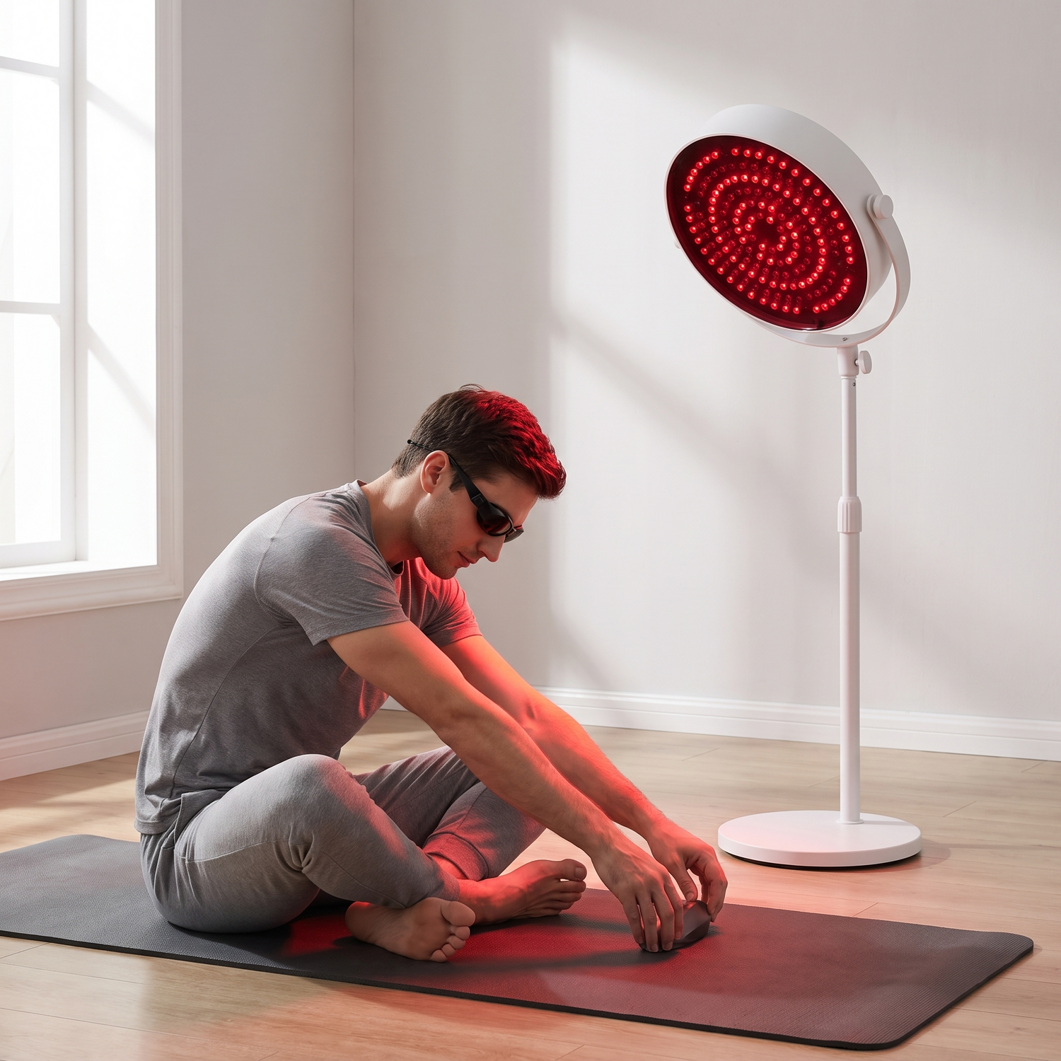 Man stretching on a mat beside the PrimaBeam Beacon red light therapy lamp