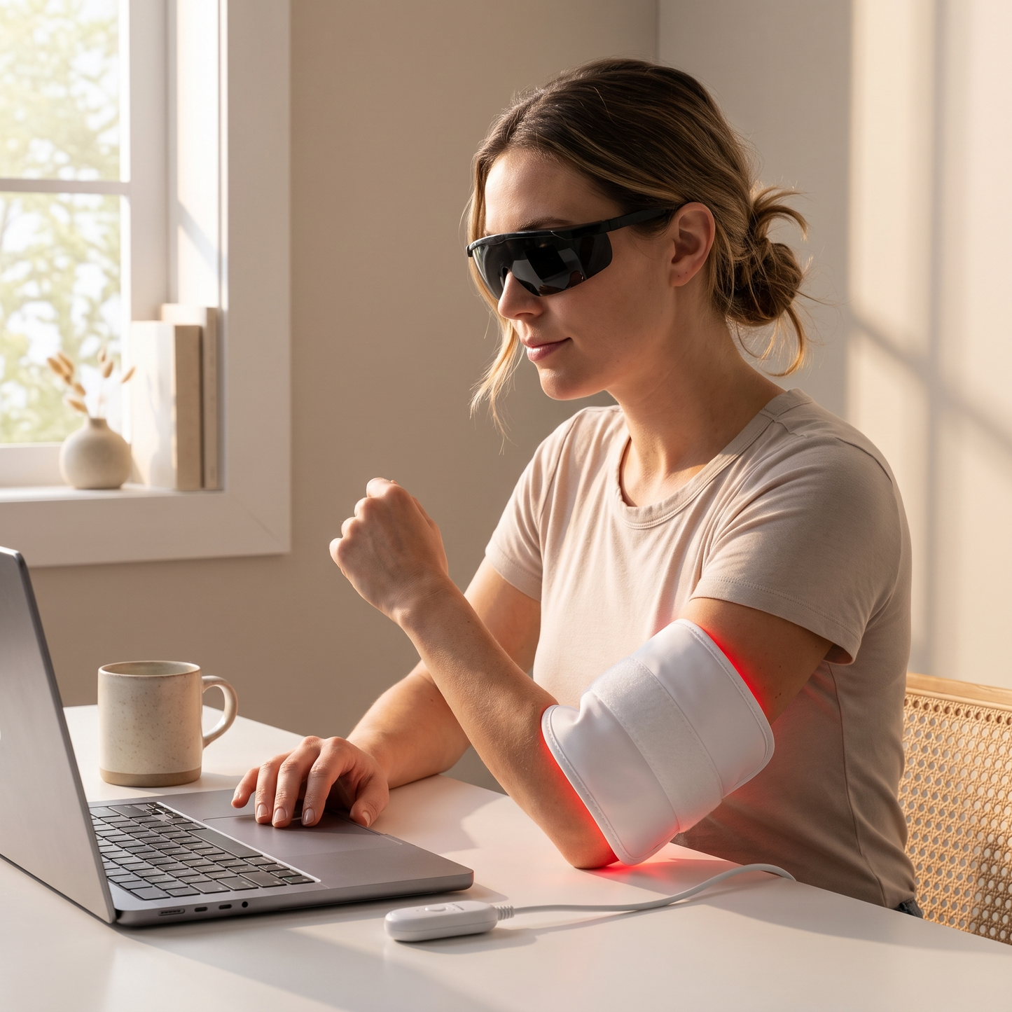Woman at a desk with the PrimaBeam Ember red light therapy wrap around her elbow