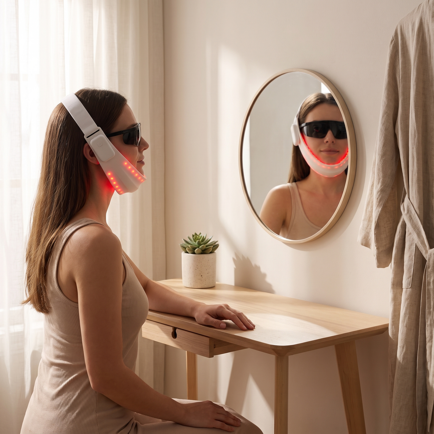Woman at a vanity wearing the PrimaBeam Contour red light chin and jawline strap