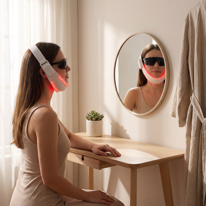 Woman at a vanity wearing the PrimaBeam Contour red light chin and jawline strap