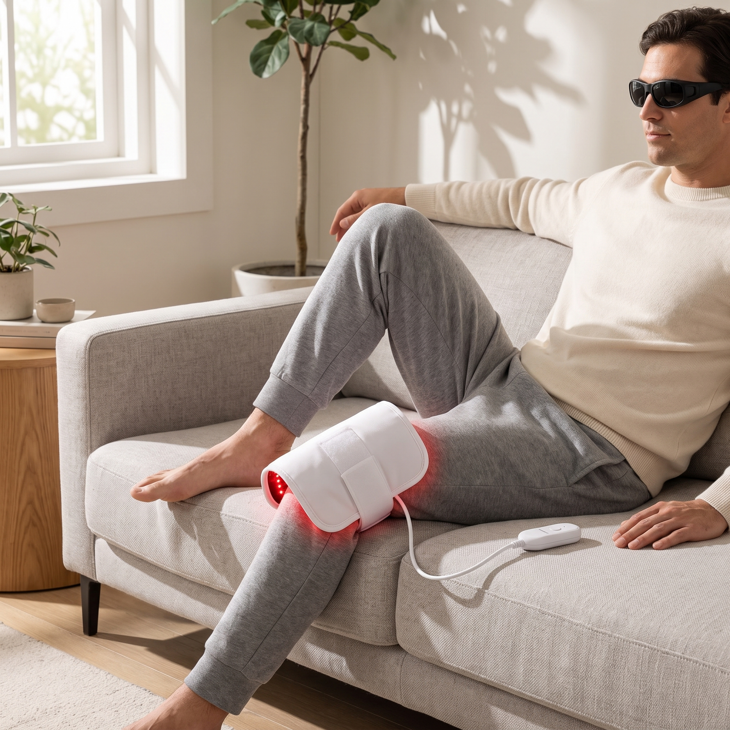 Man on a sofa with the PrimaBeam Ember red light therapy wrap around his knee
