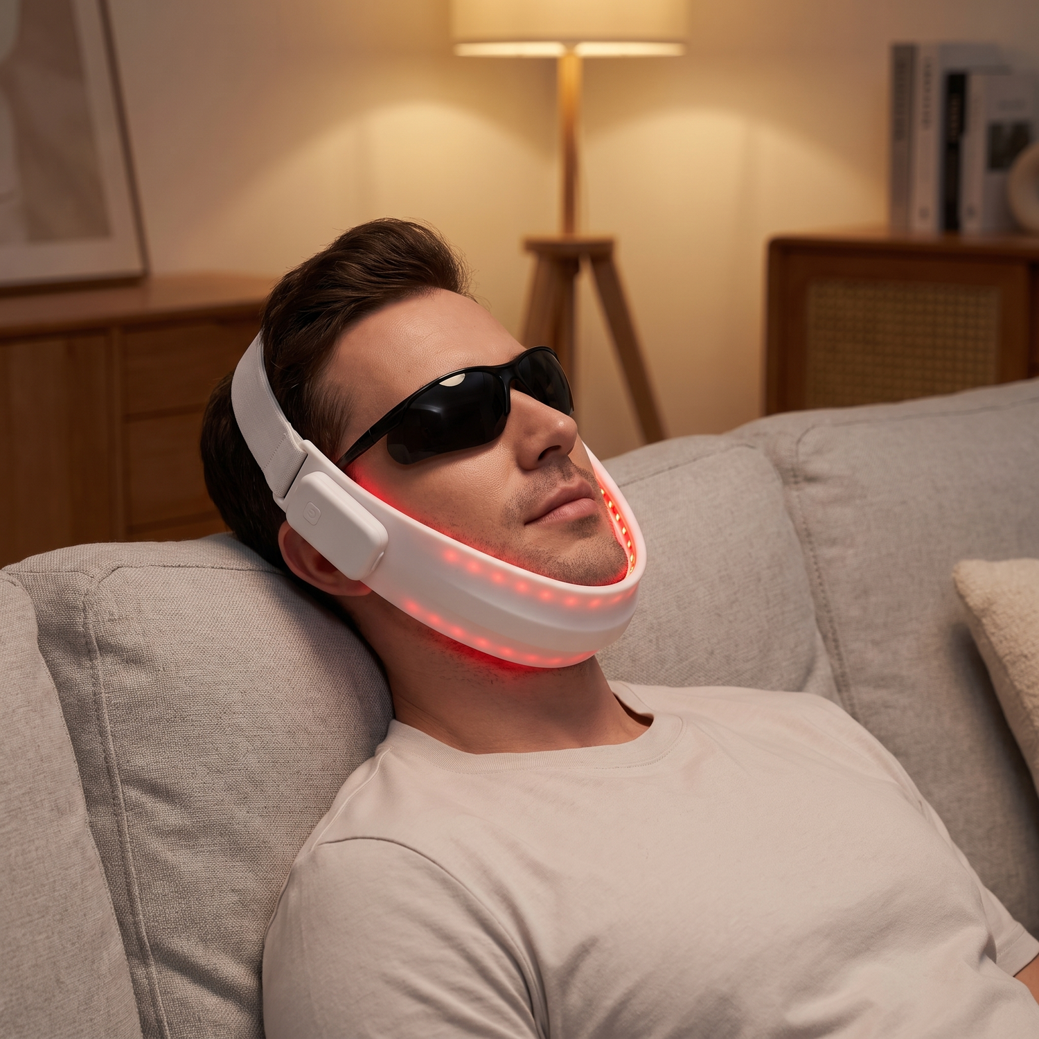 Man reclining on a sofa wearing the PrimaBeam Contour red light jawline strap