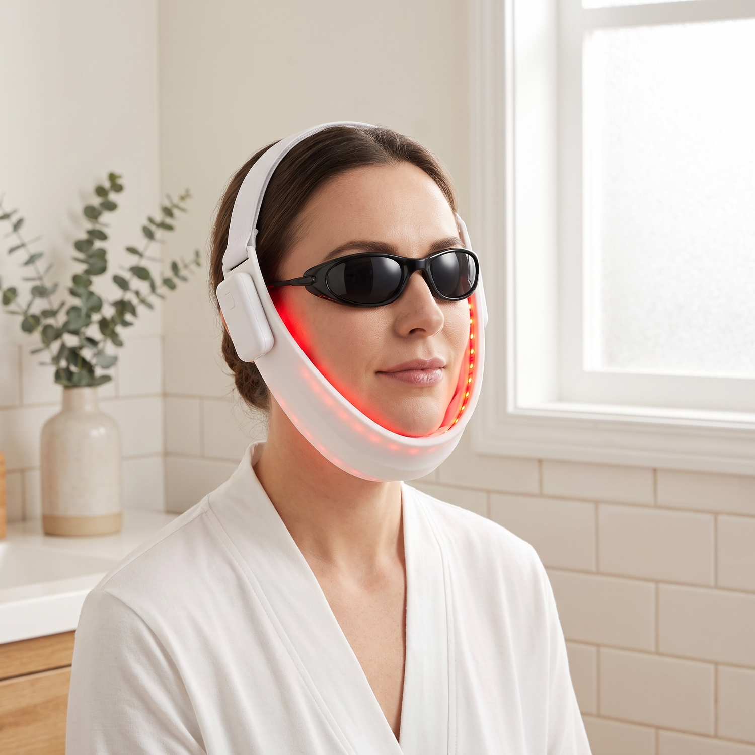 Woman wearing the PrimaBeam Contour red light chin and jawline strap
