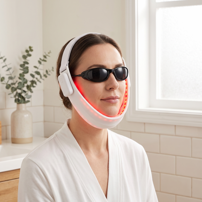 Woman wearing the PrimaBeam Contour red light chin and jawline strap