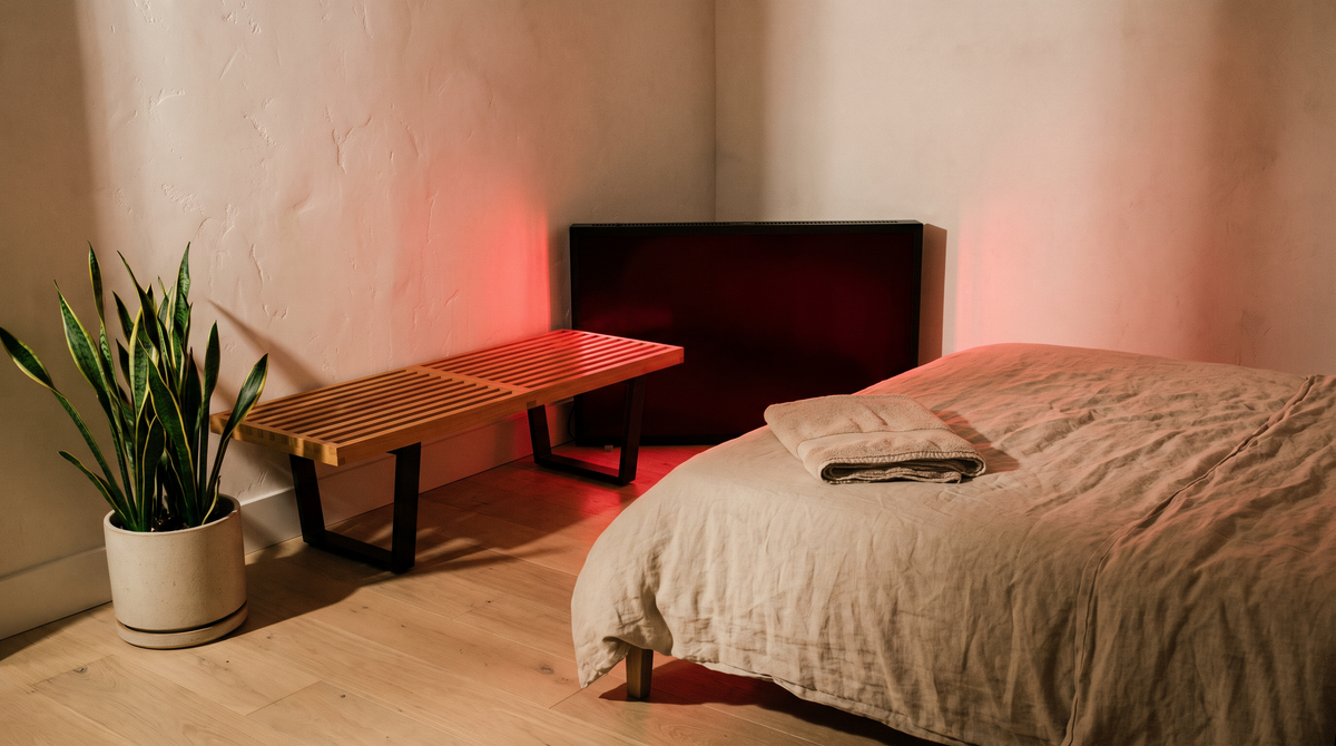 Red light panel washing a calm bedroom corner at evening
