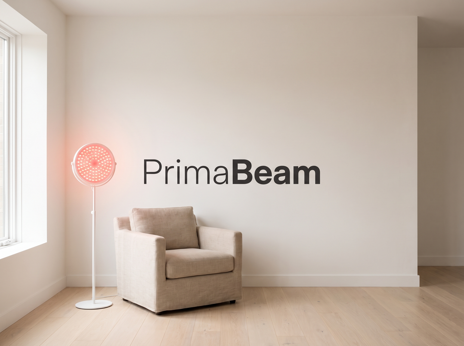 PrimaBeam branded room scene with a red light therapy lamp