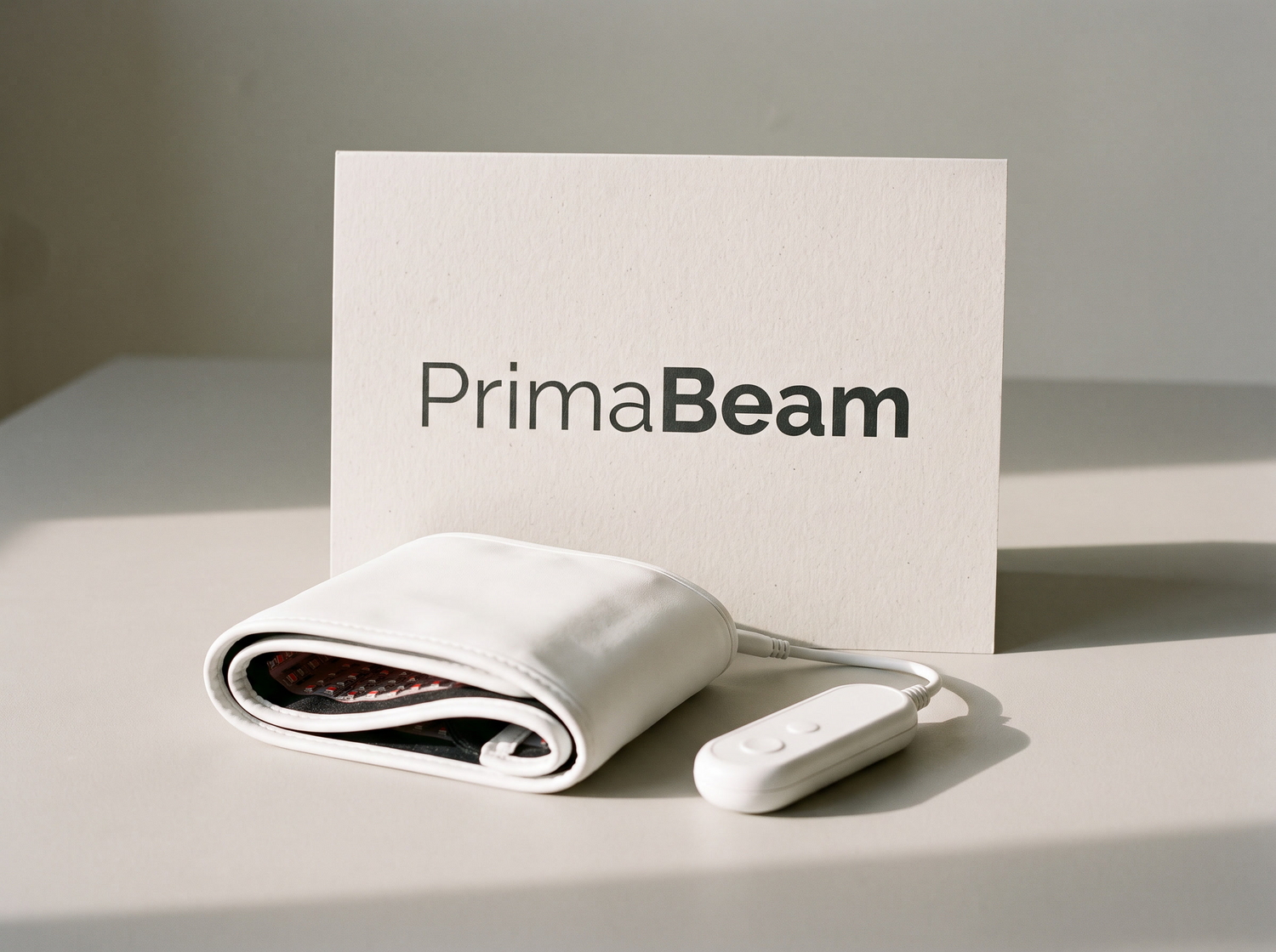 PrimaBeam branded still life with a red light therapy wrap
