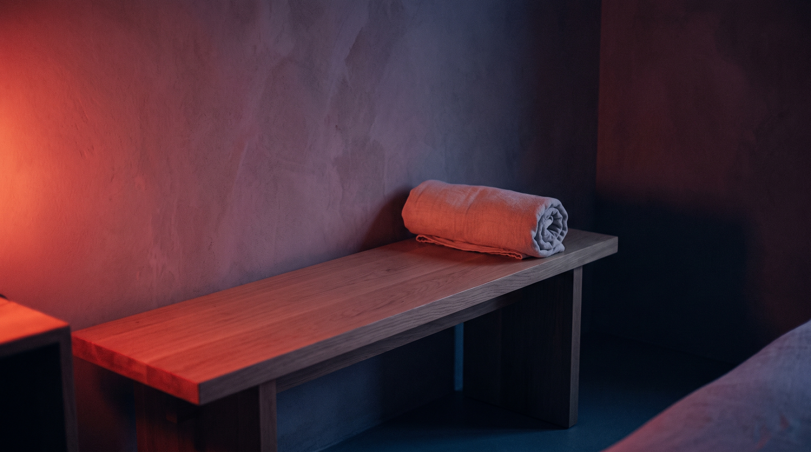 Deep red light washing across a minimal bedroom corner at dusk