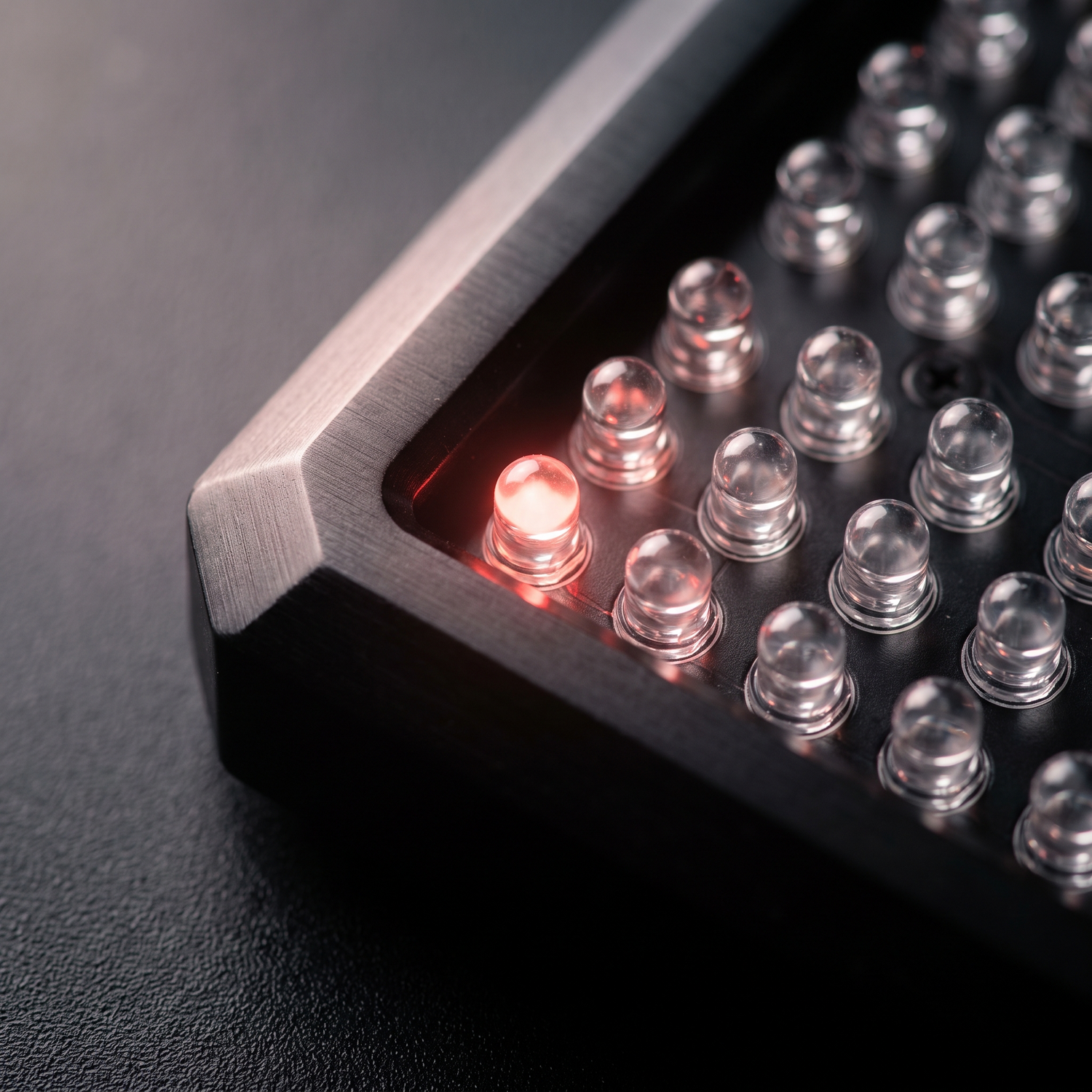 Macro detail of a matte black anodized LED panel edge and diodes
