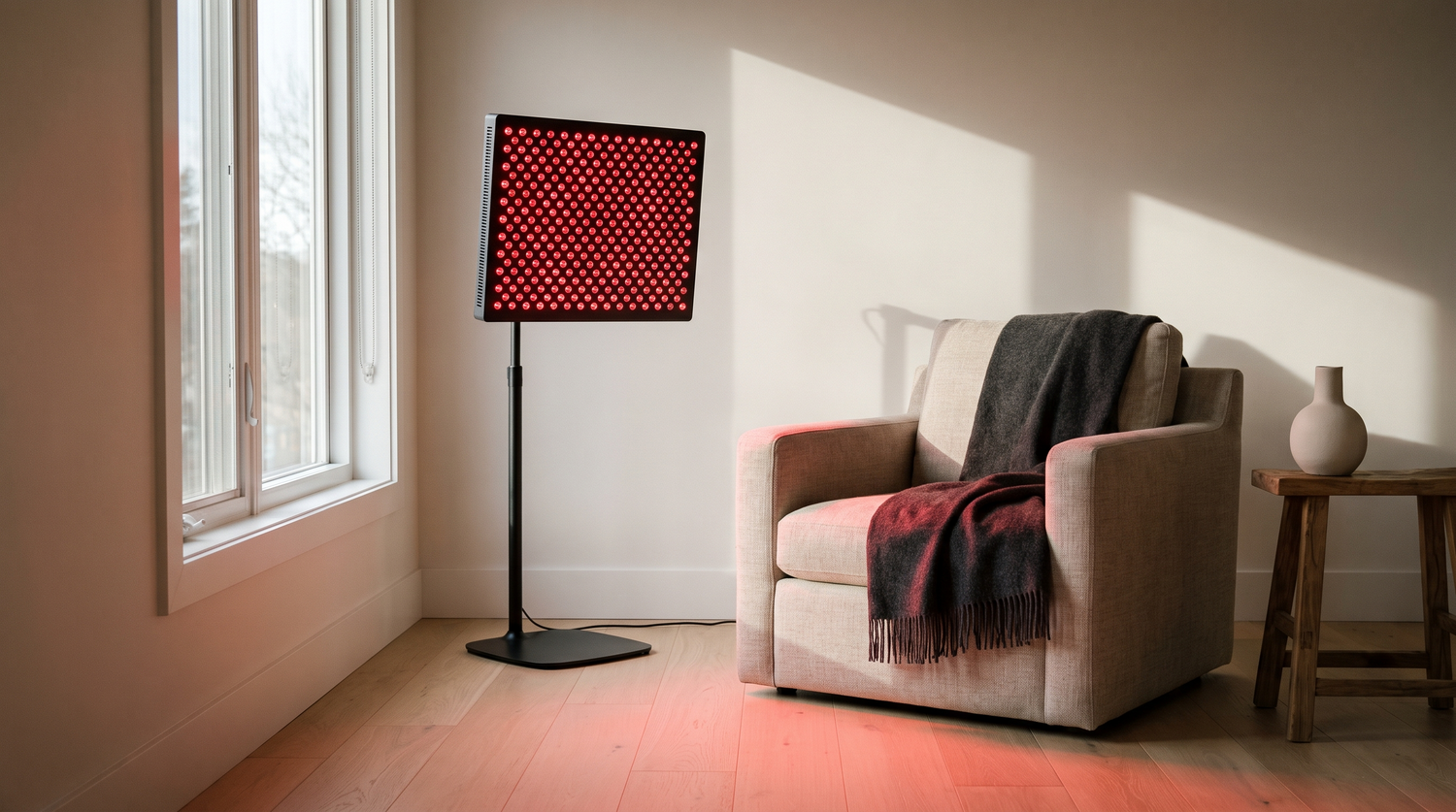 Red light therapy panel glowing in a calm modern living room