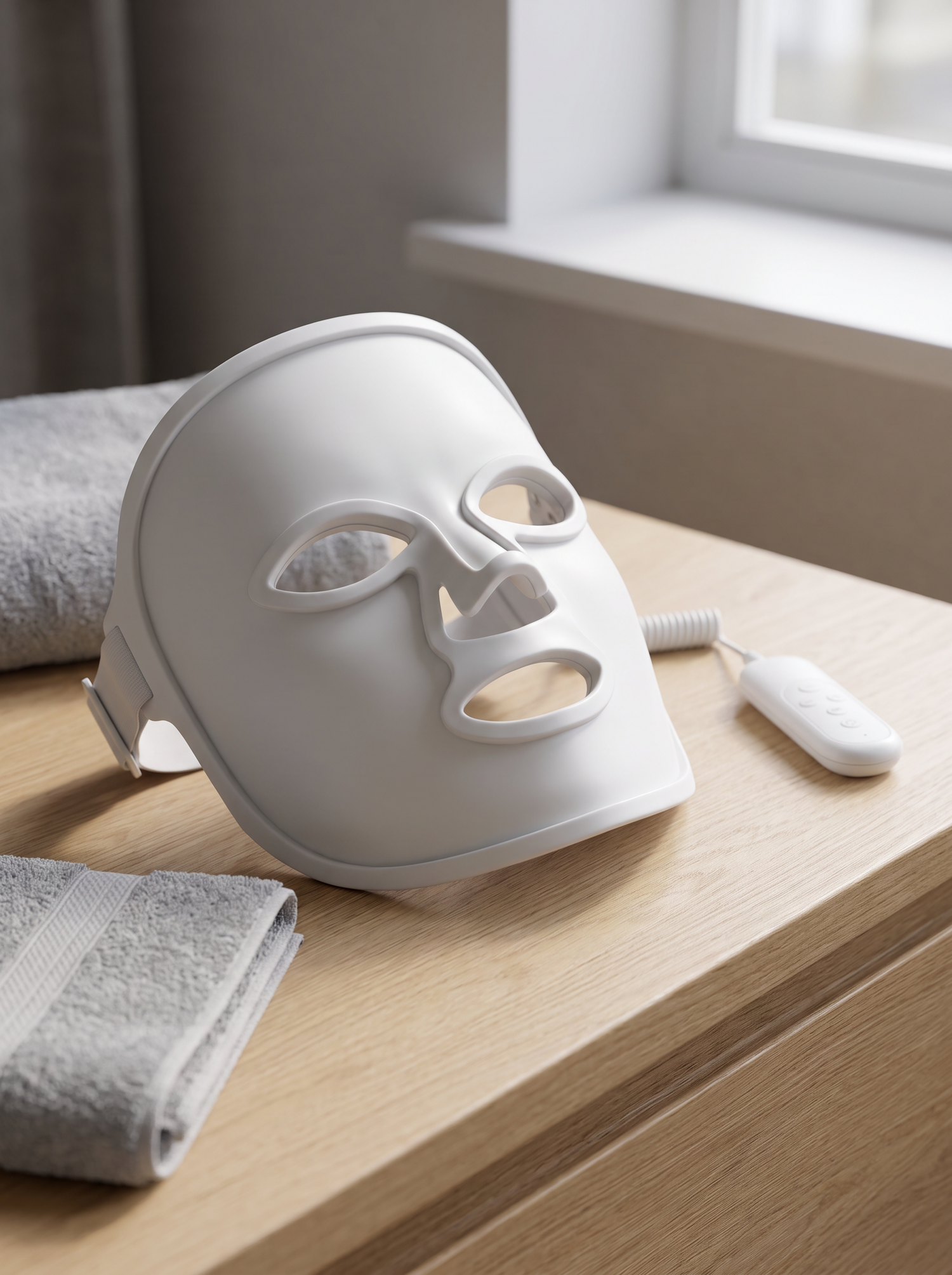 Lumia mask resting on a bathroom counter